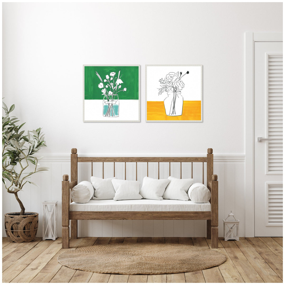 Minimalist Floral Vase Green and Yellow Framed Canvas Art Set by Teju Reval