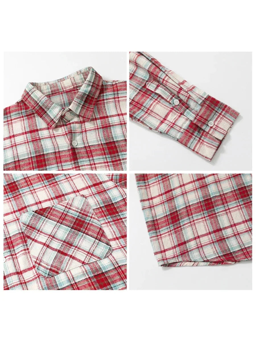 Retro Color Block Grid Cotton Shirt Loose Fit Blouse