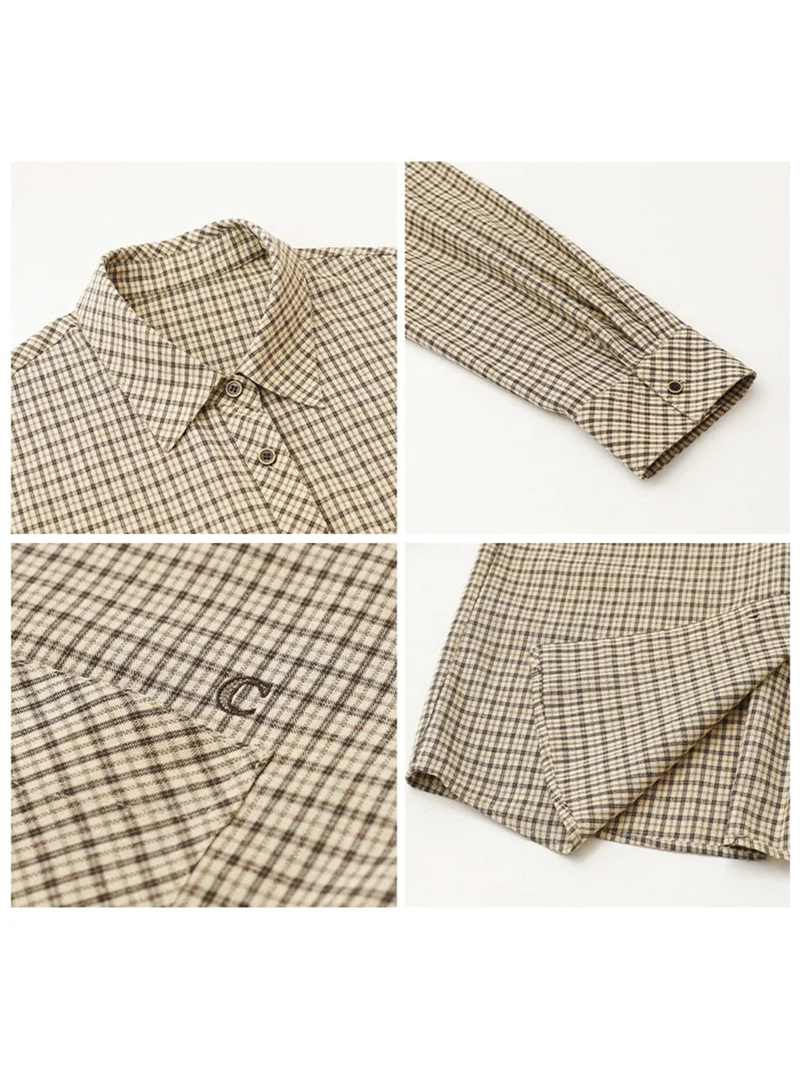 Retro Plaid Embroidered Shirt Loose Casual Autumn Blouse