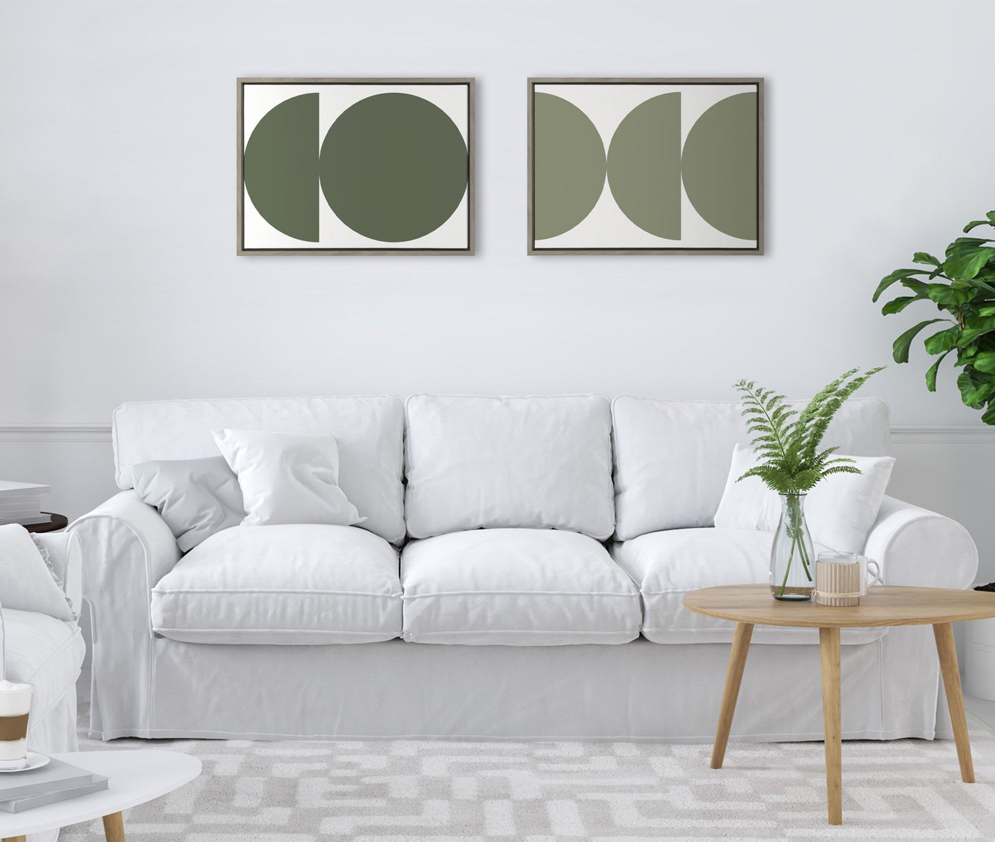 Limited Edition Earthy Boho Geometric 1 Olive Green and Earthy Boho Geometric 2 Sage Green Framed Canvas by The Creative Bunch Studio