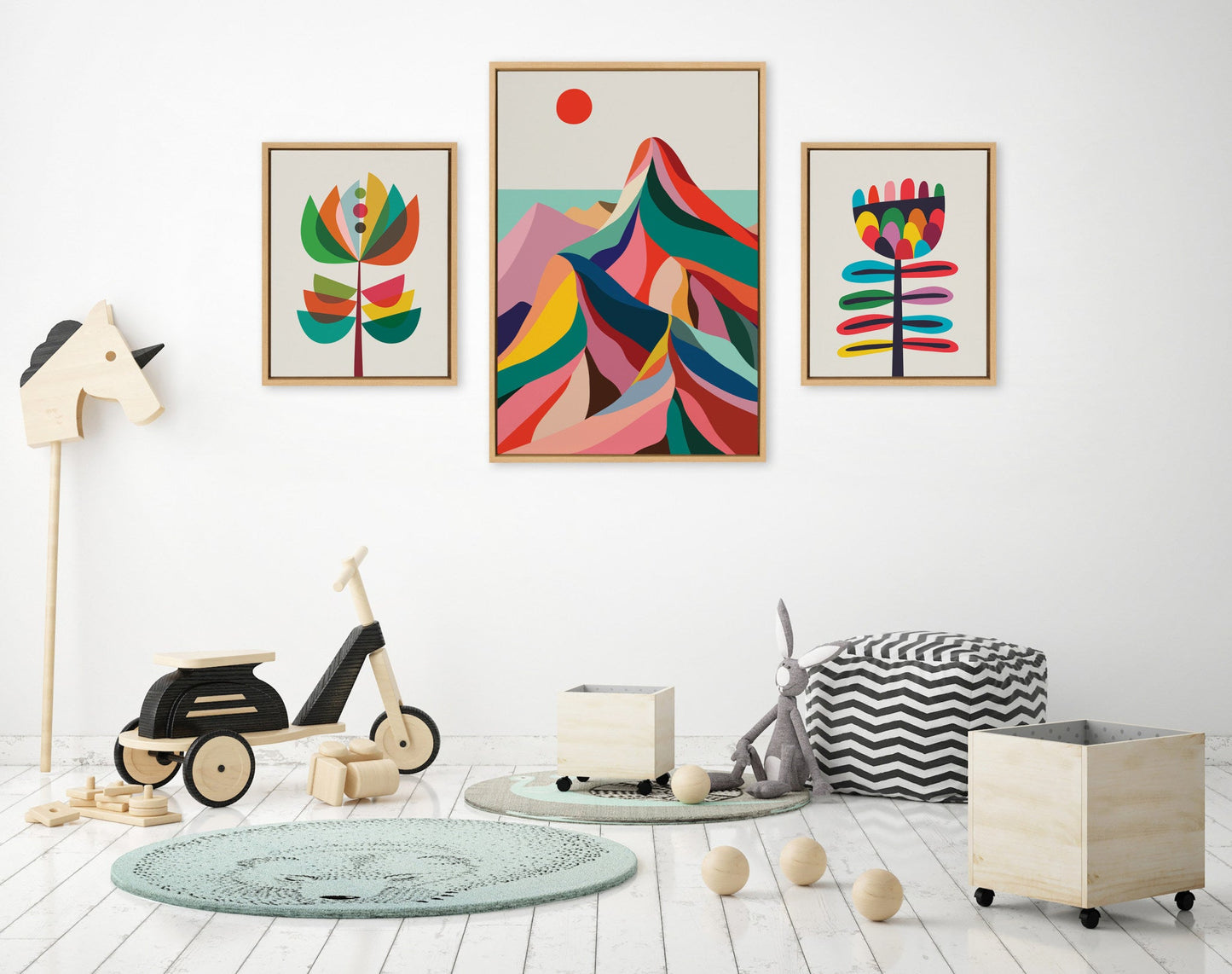 Sylvie MCM Mountains, Great Love Botanical and MCM Modern Wildflower Framed Canvas Art Set by Rachel Lee of My Dream Wall