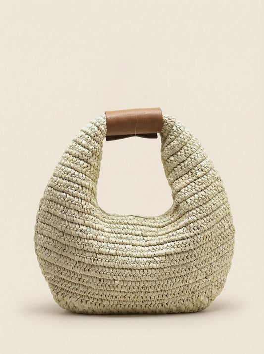 Round Crochet Woven Handheld Straw Bag