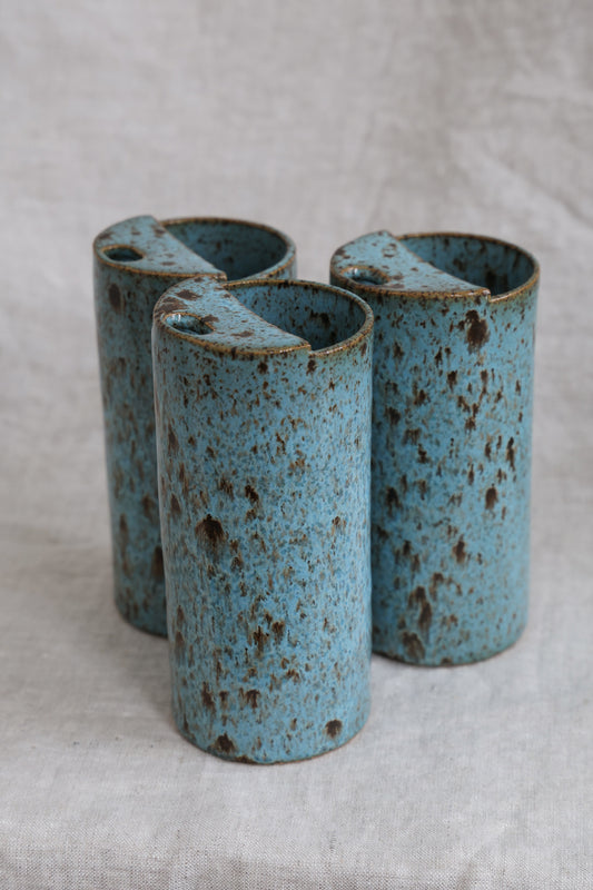 Blue Feathers Speckled To Go Cup, Travel Mug, Travel Tumbler, Mustache Saver, Ceramic Stoneware,  Hand Thrown in Maine Holds 14-16oz.