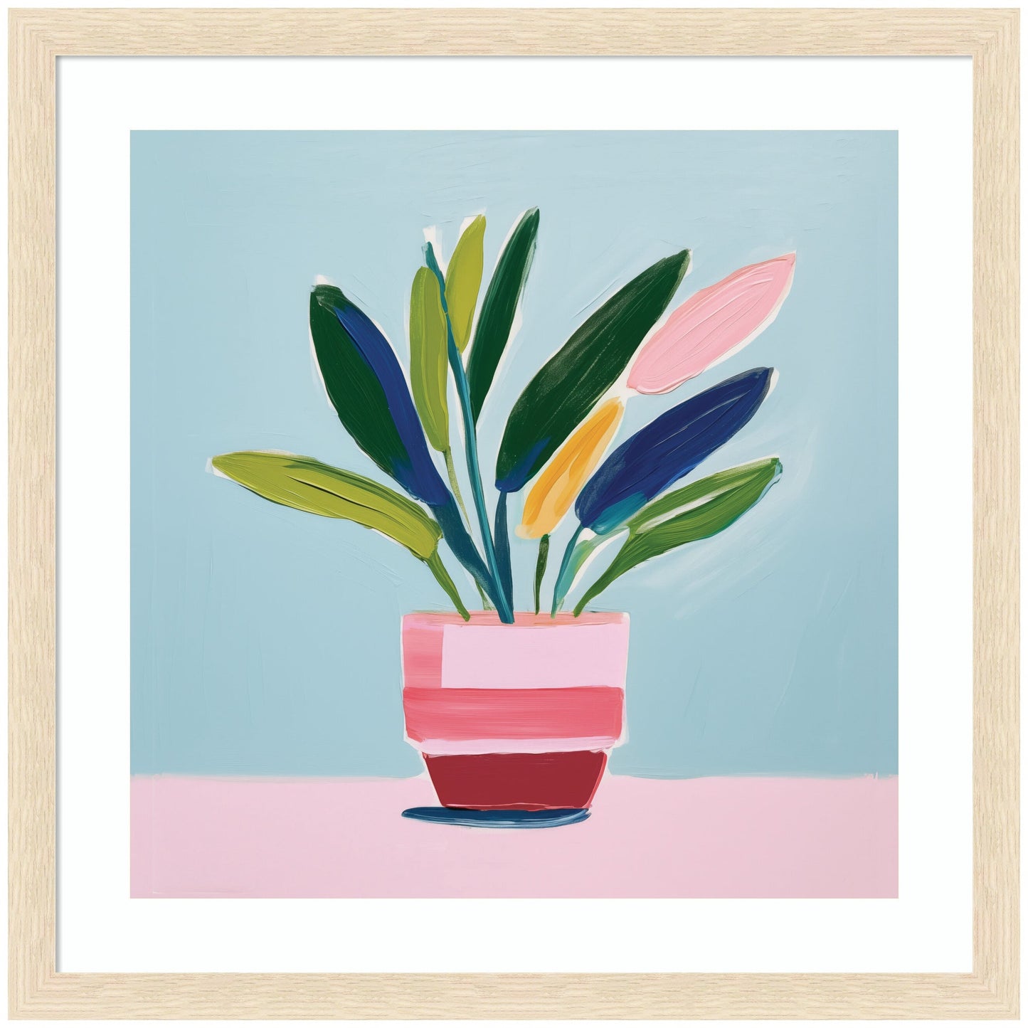 Framed artwork of a potted plant with colorful leaves on a light blue background