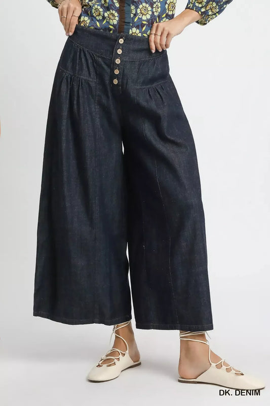 Umgee Stone Washed Wide-Leg Button-Front Culottes