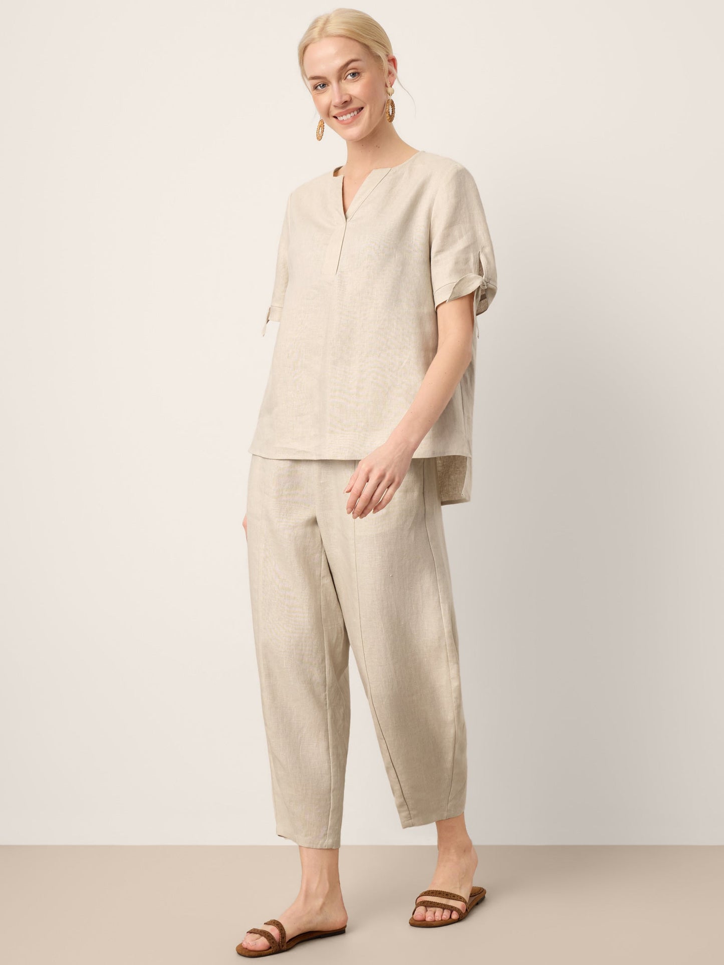 100% Linen Tie Cuff Notched V-Neck Top LORAN