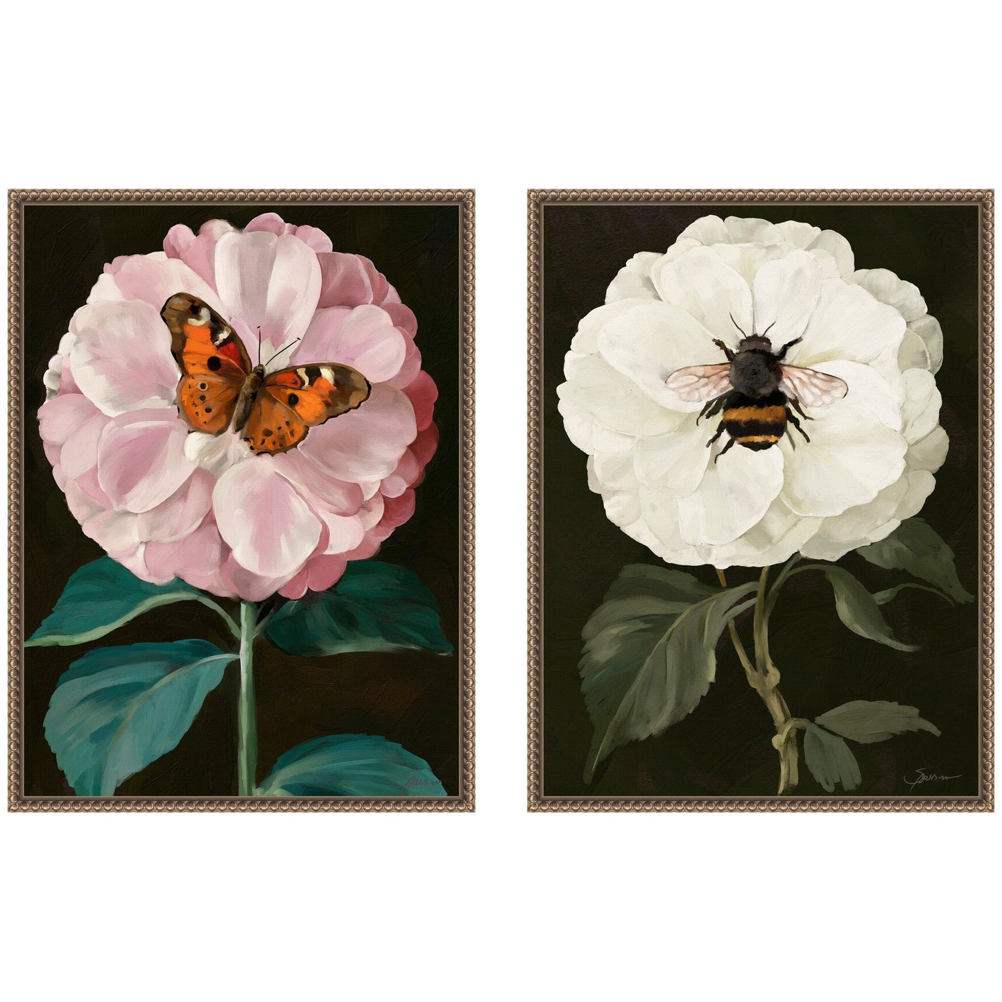 Two framed artworks of flowers with a butterfly and a bee on a white background
