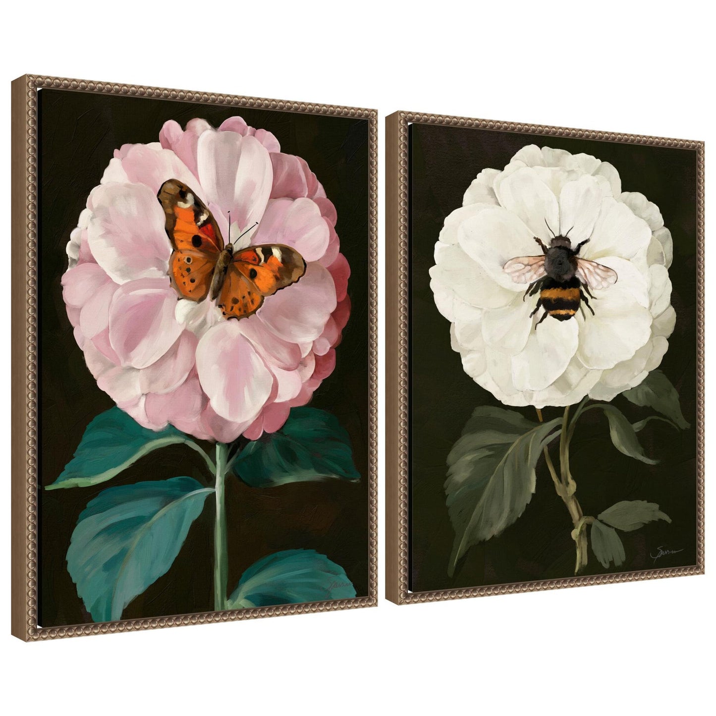 Two framed artworks of flowers with butterflies and bees on a white background