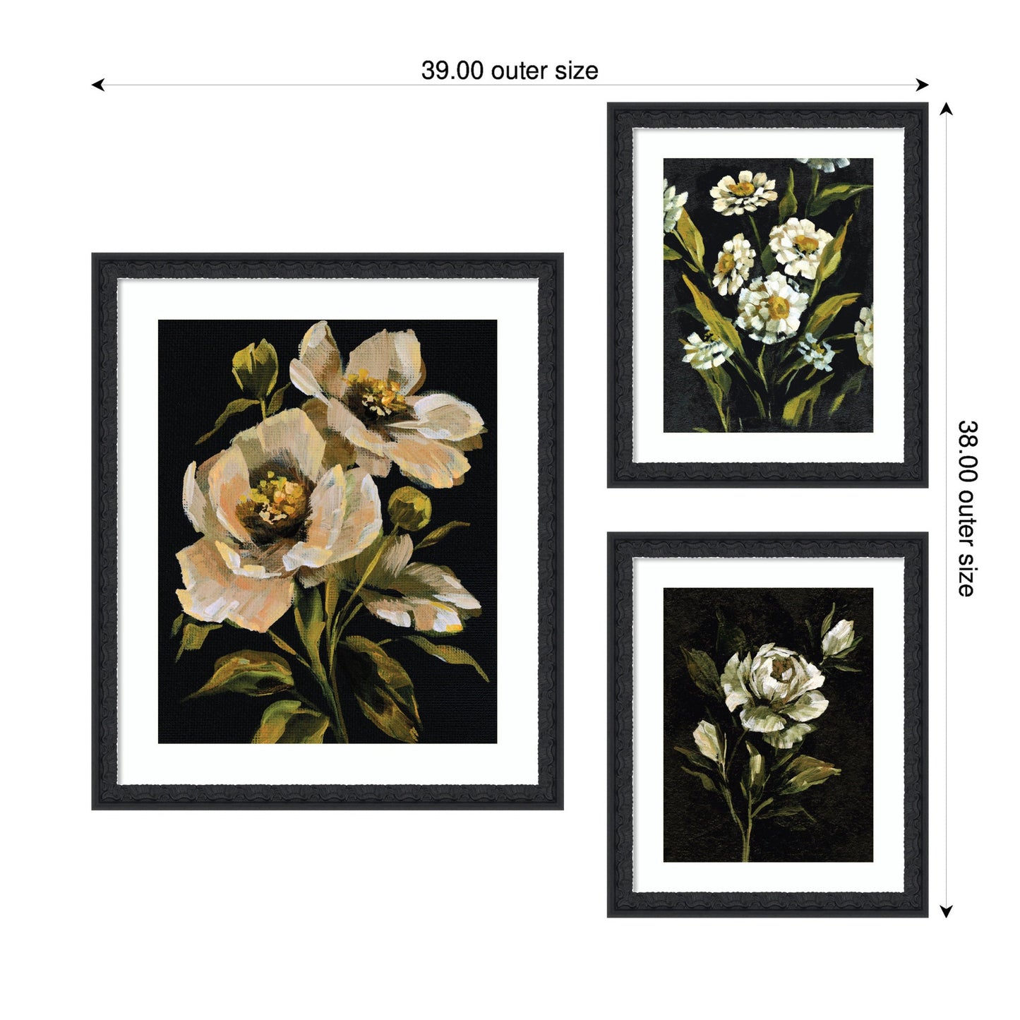 Moody Whites Floral No 3 Dark Charcoal Blush White Botanical 3-Piece Framed Art Print Set