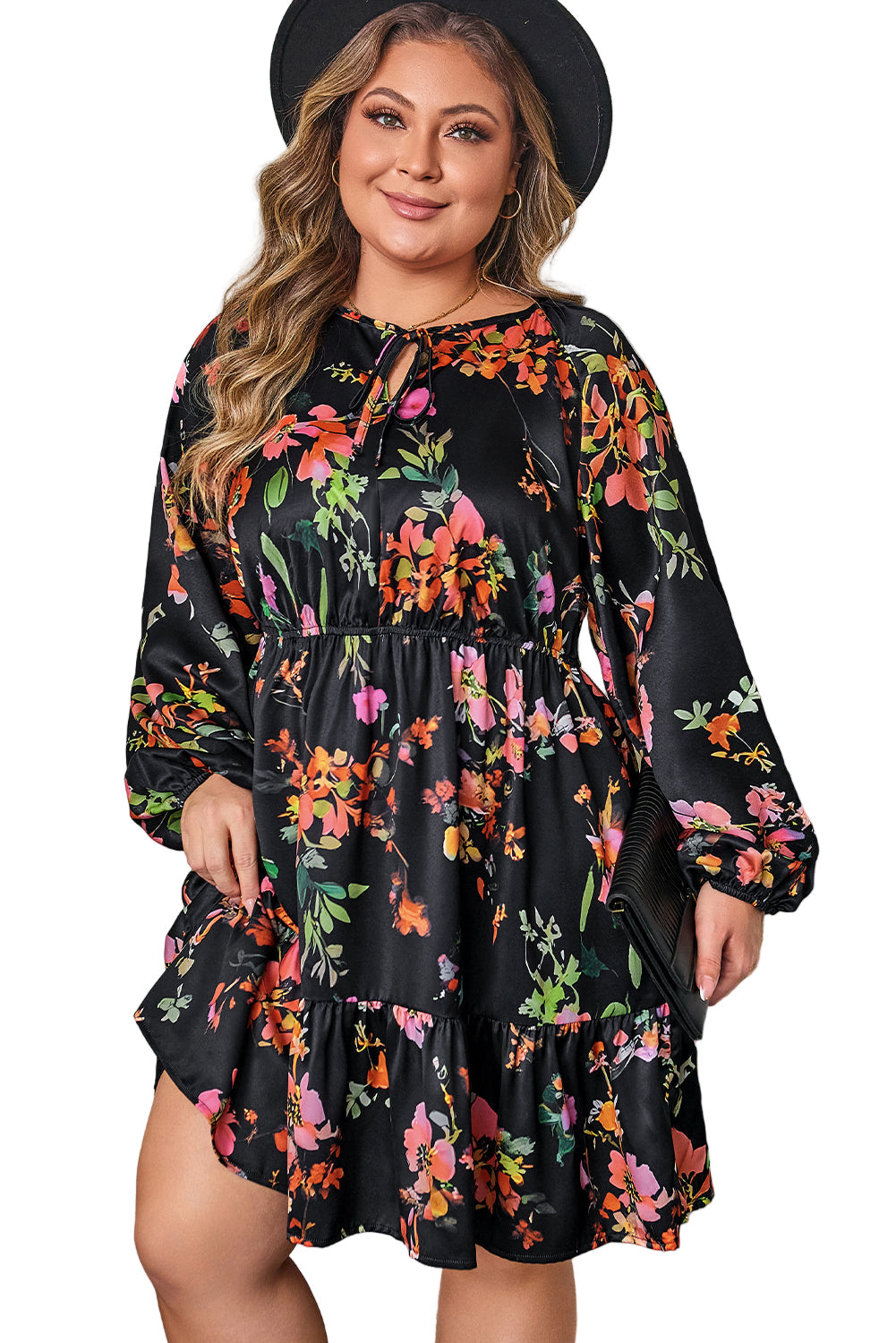 Black Plus Size Floral Print Tie Neck Cinched Waist Long Sleeve Mini Dress