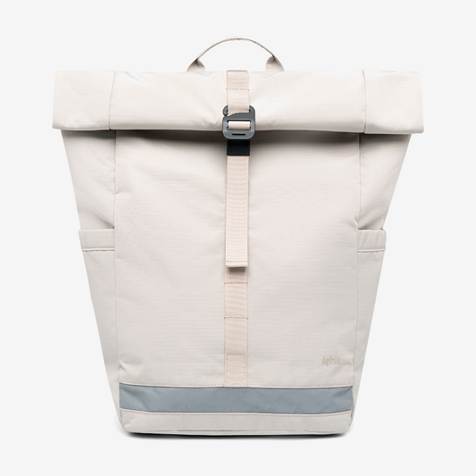 Beige roll-top backpack with a strap on a white background