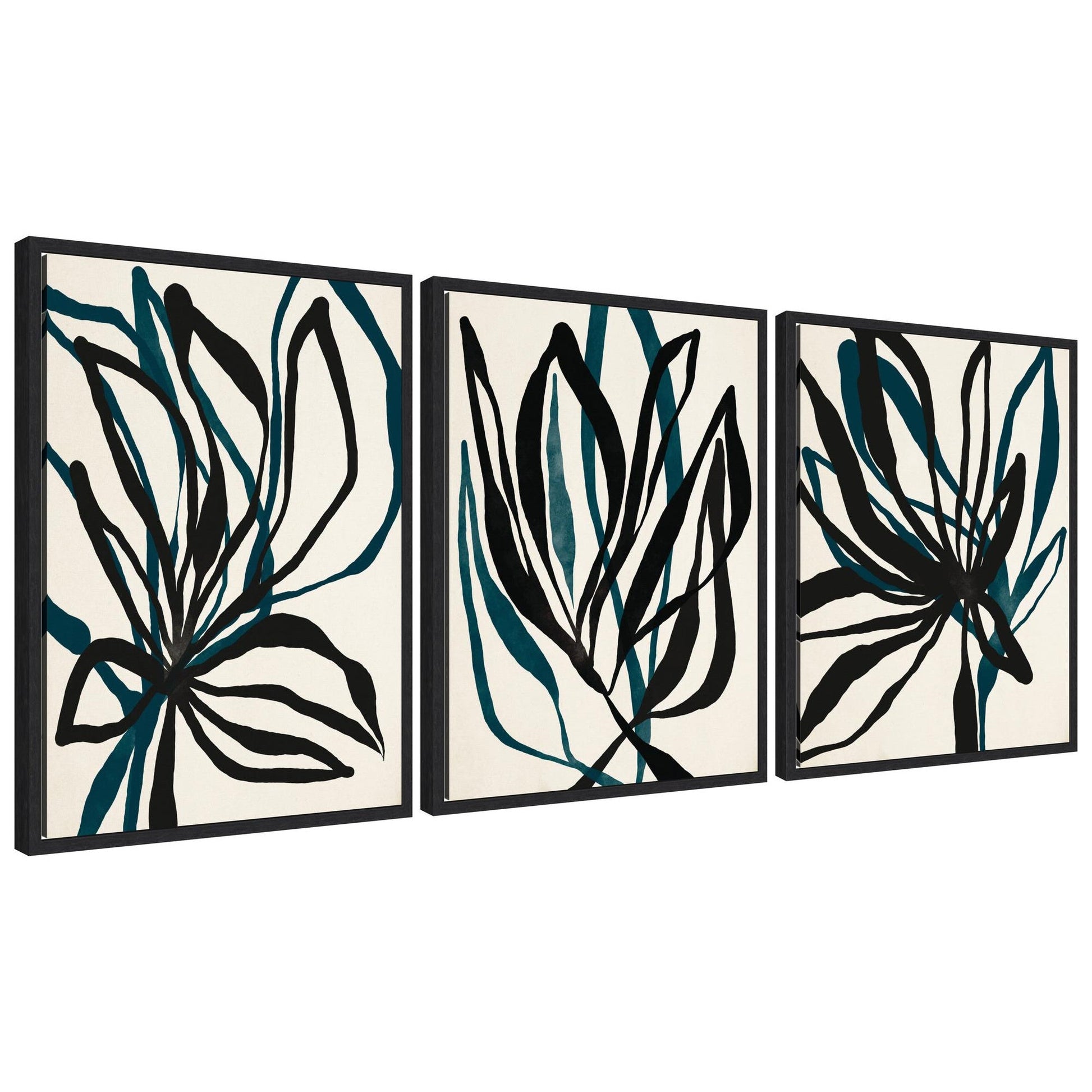 Set of three abstract wall art pieces with black and blue leaf-like designs on a white background