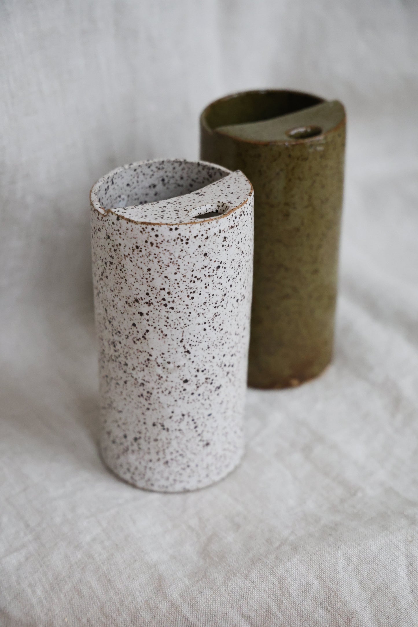 Matte White Speckled To Go Cup, Travel Mug, Mustache Saver, Ceramic Stoneware Hand Thrown in Gorham Maine 14-16oz.