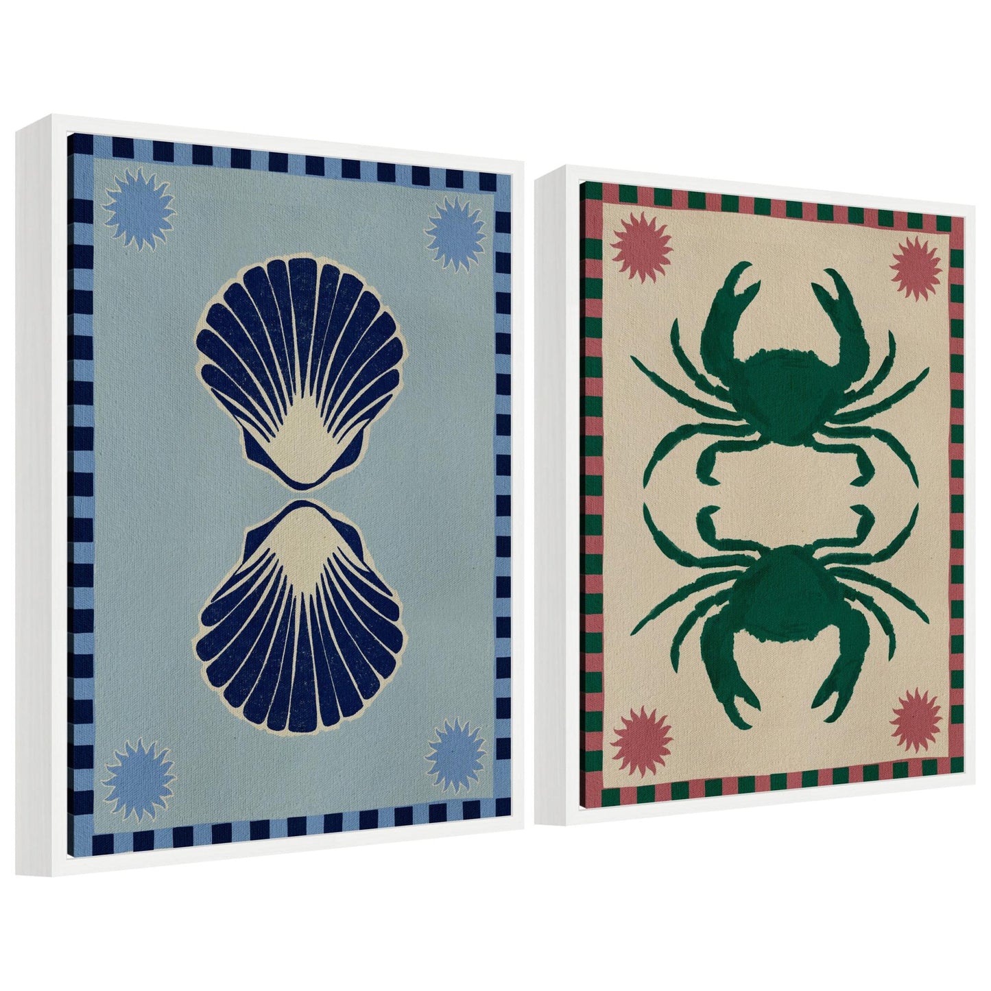 Sylvie Lush Duo Seashells and Crabs Framed Canvas Art Set by Shatha Al Dafai