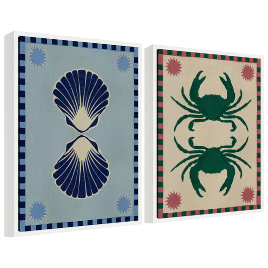 Sylvie Lush Duo Seashells and Crabs Framed Canvas Art Set by Shatha Al Dafai