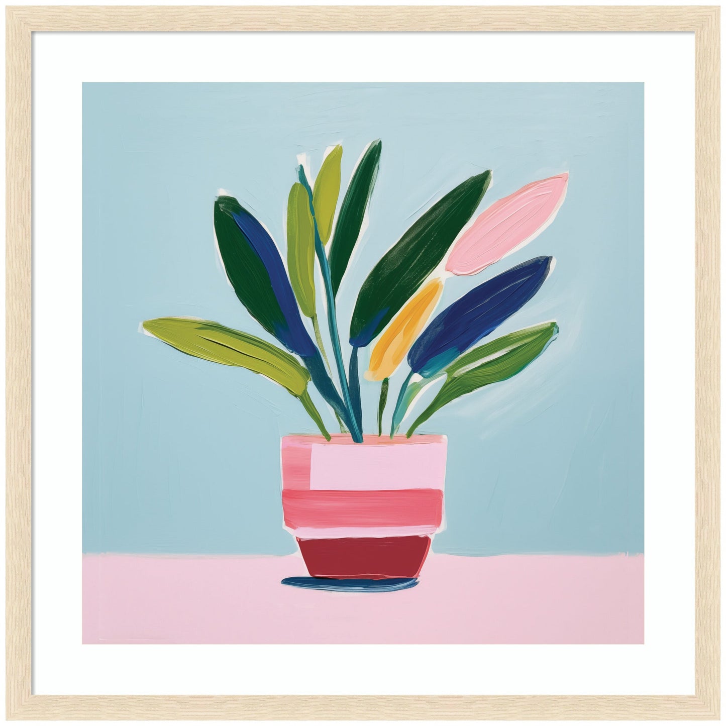 Colorful plant illustration in a pink pot on a light blue background