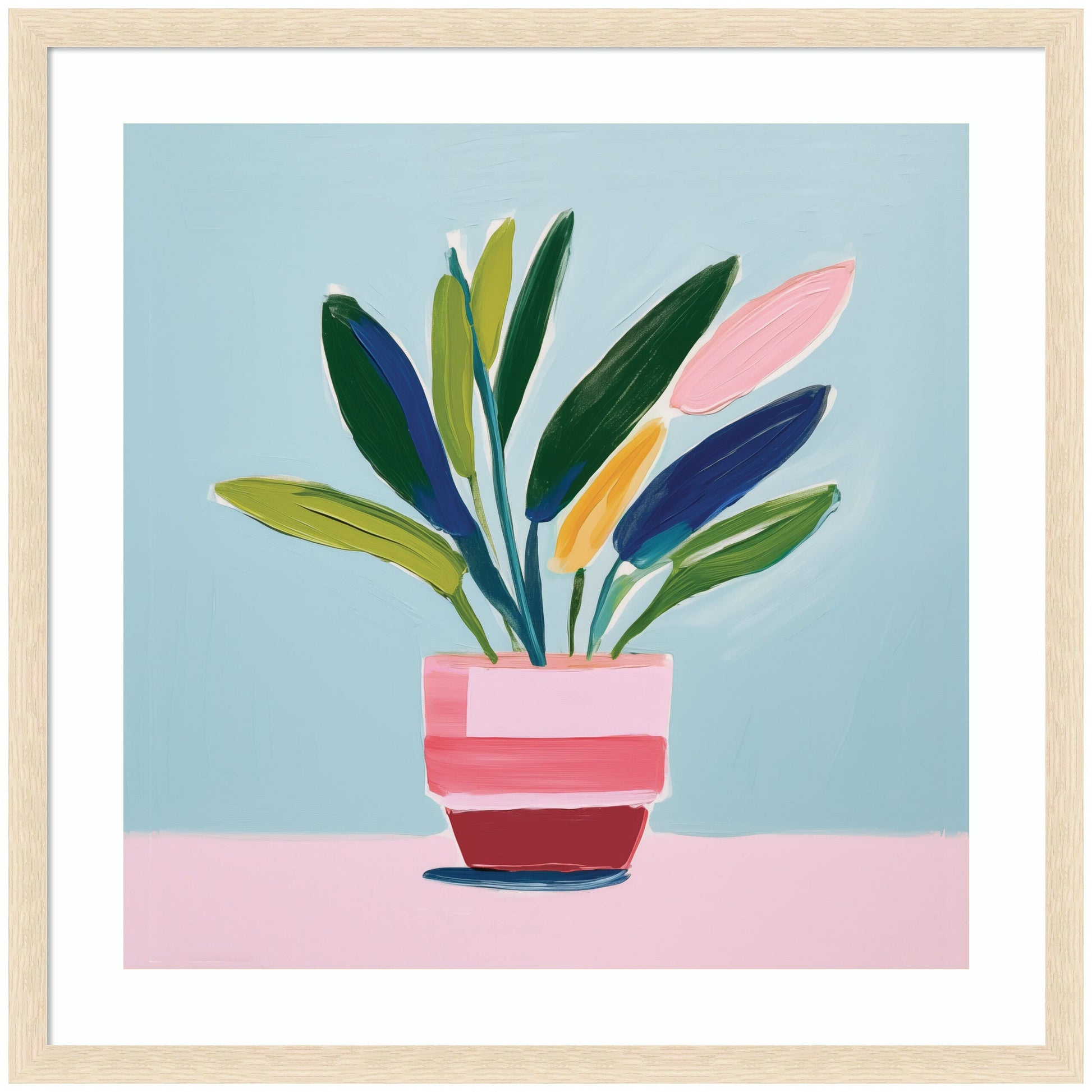Colorful plant illustration in a pink pot on a light blue background