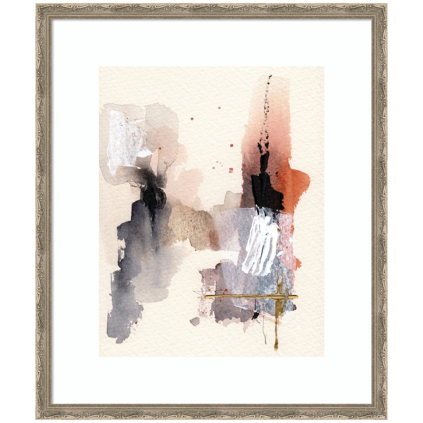 Framed abstract art print with watercolor textures in a neutral frame.