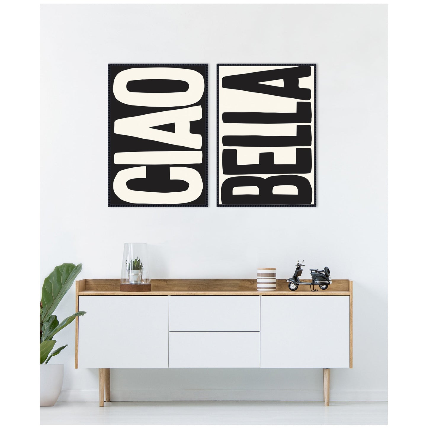 Ciao Bella Typography Black and White 2 Piece Framed Canvas Wall Art Set by Lucky Guava