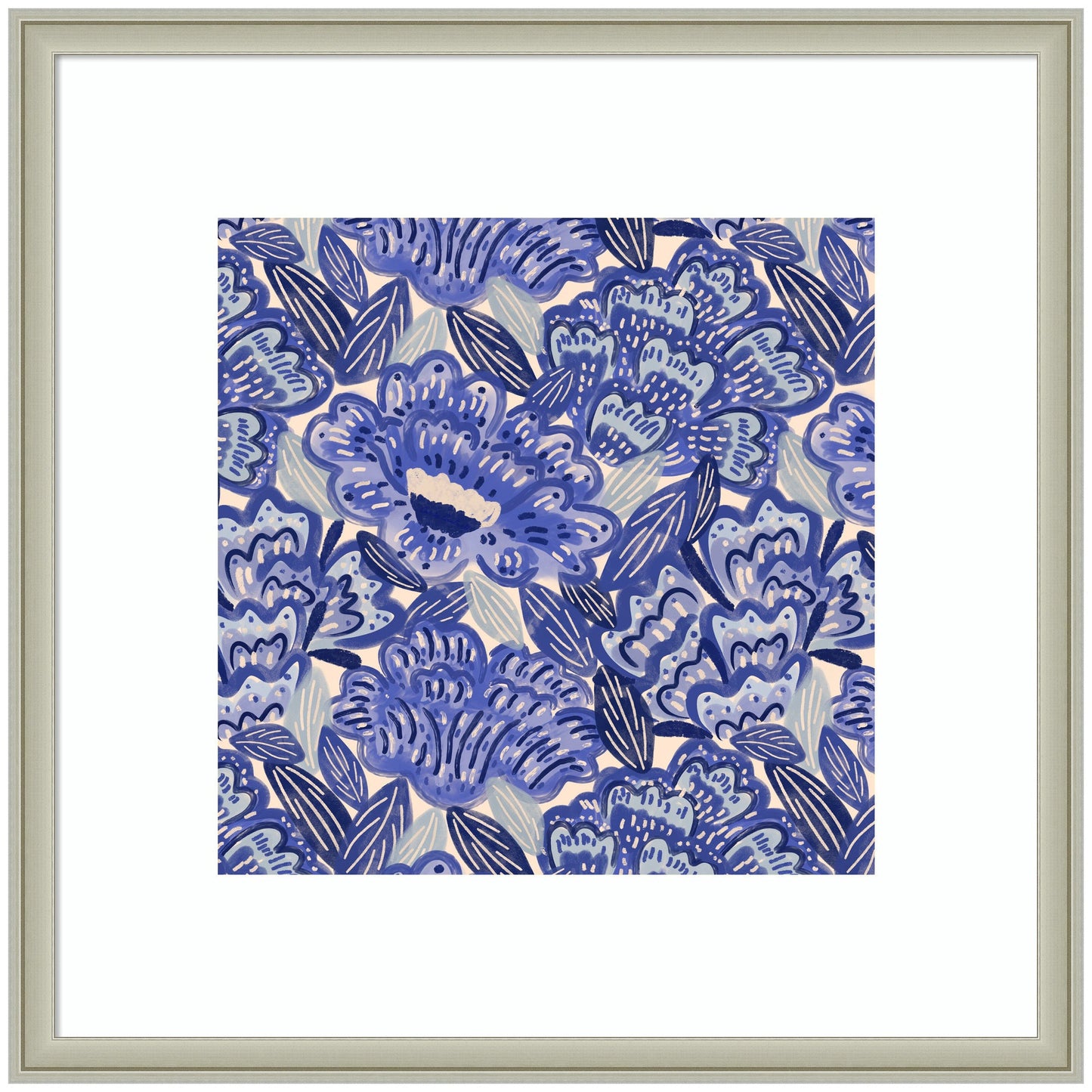 Framed artwork with a blue floral pattern on a white background