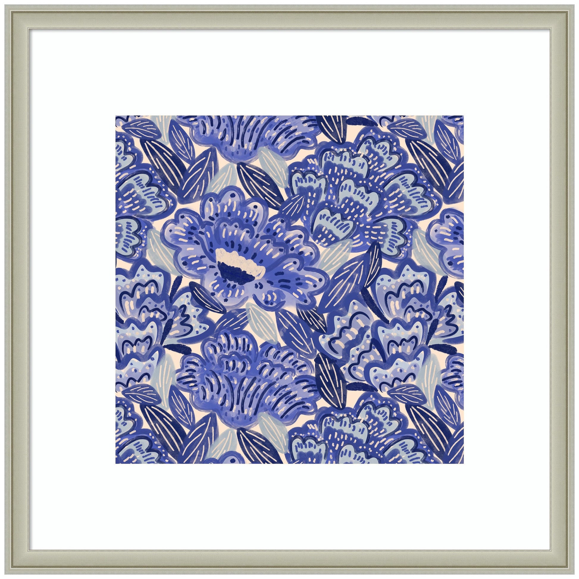 Framed artwork with a blue floral pattern on a white background