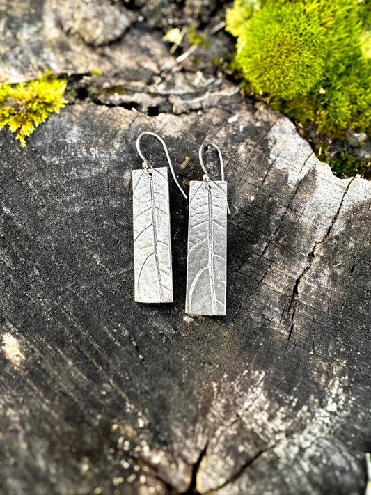 Botanical Minimalist lightweight recycled sterling silver rectangle earrings with leaf texture, minimalist