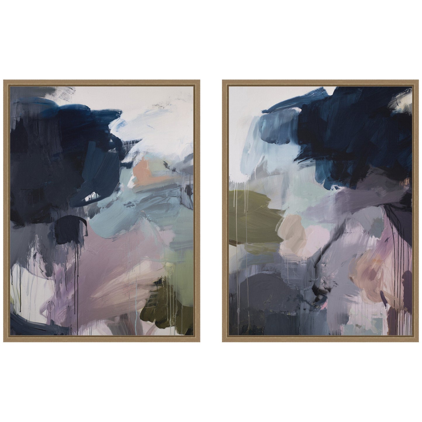 Two abstract art pieces with a gold frame on a white background