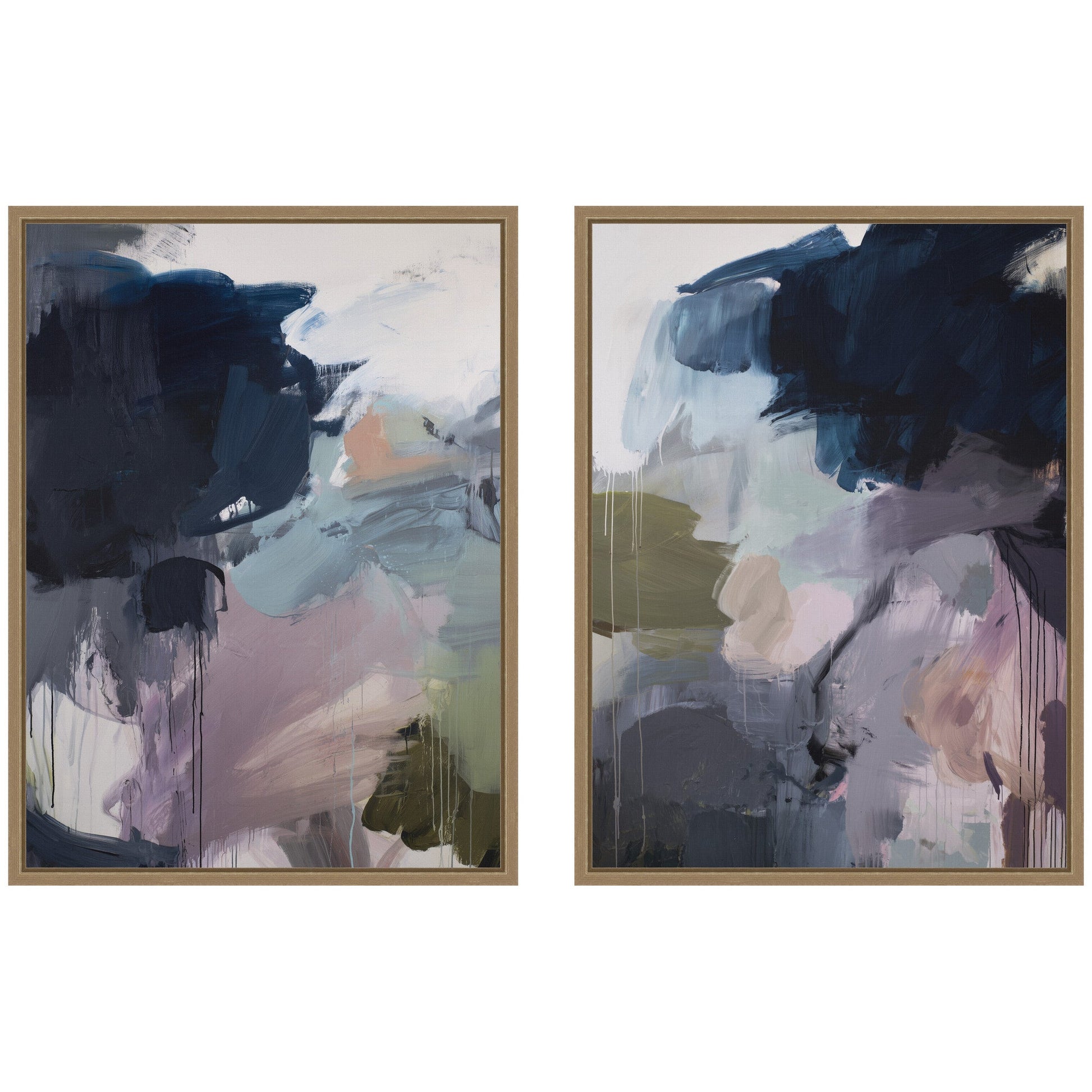 Two abstract art pieces with a gold frame on a white background