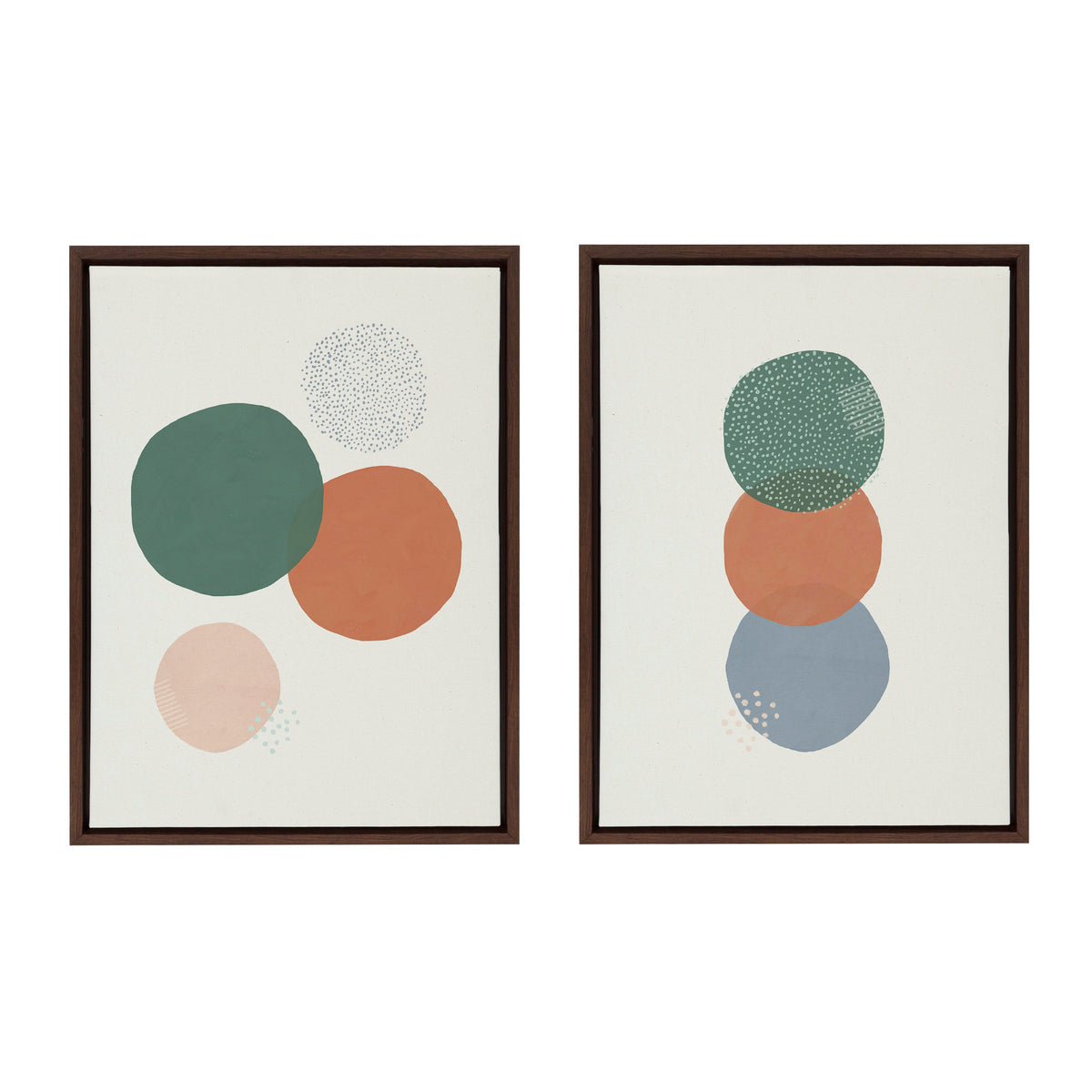 Two framed abstract art pieces with colorful circles on a white background