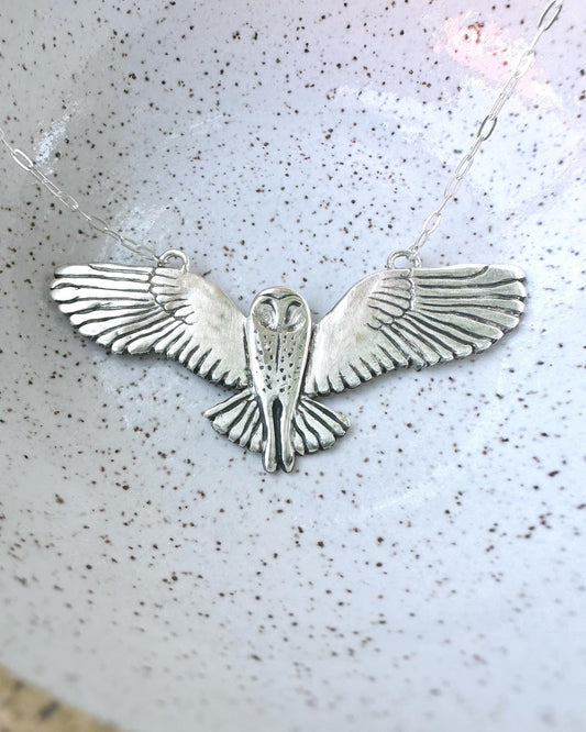 Barn owl, grounding wisdom and stillness, hand carved barn owl necklace