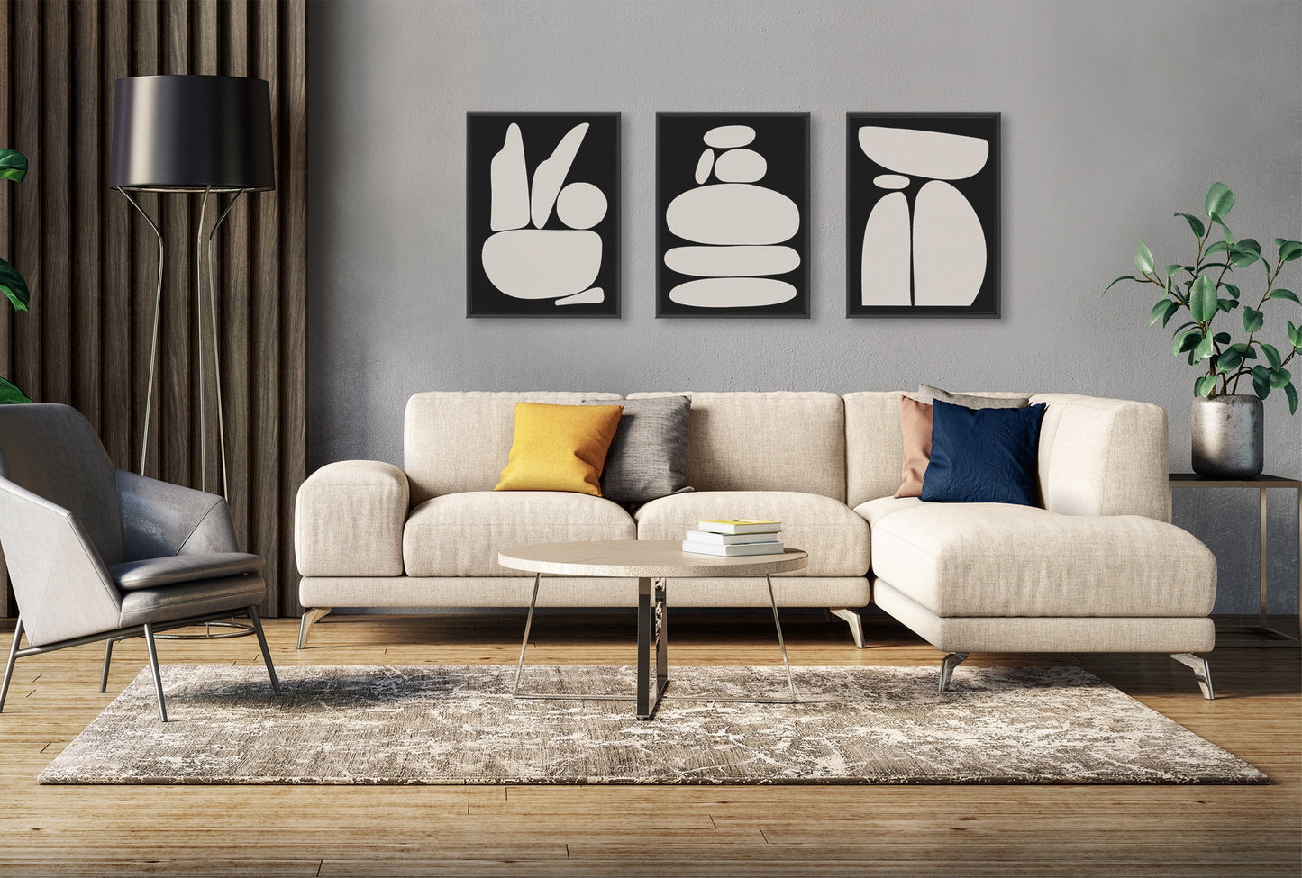 Zen Rock Garden Black and Tan Framed Canvas Set by The Creative Bunch Studio
