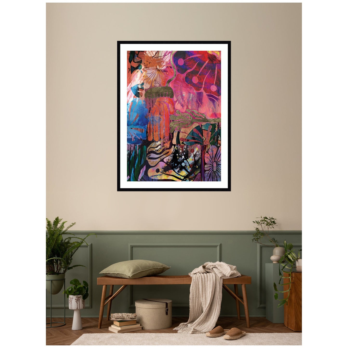 Colorful abstract painting on a wall in a room with a wooden bench and plants.