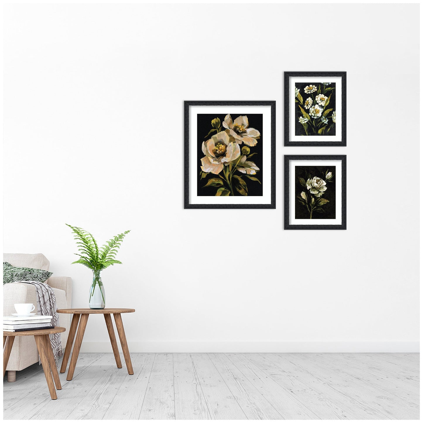 Moody Whites Floral No 3 Dark Charcoal Blush White Botanical 3-Piece Framed Art Print Set