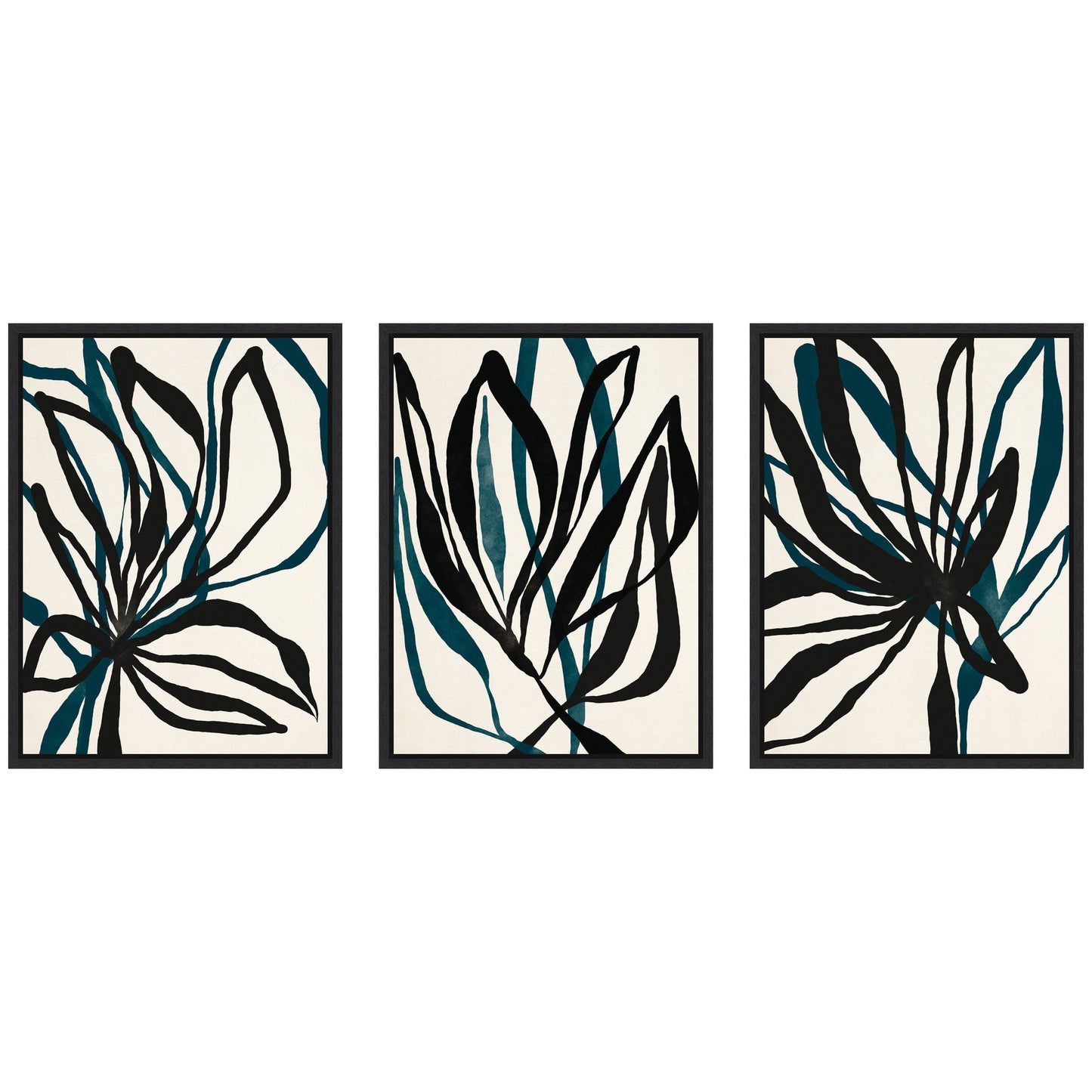 Set of three abstract wall art prints with black and teal leaf designs on a white background