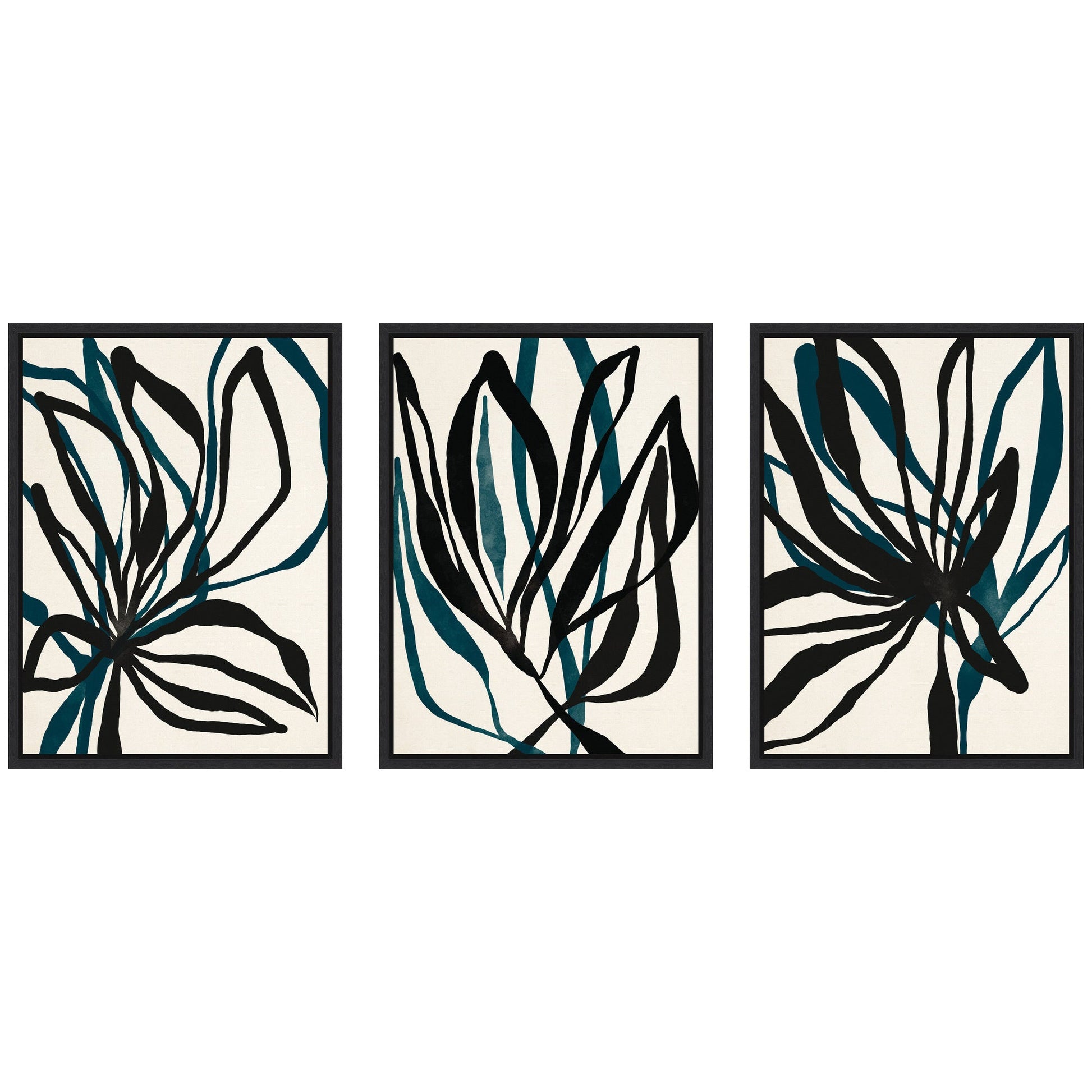 Set of three abstract wall art prints with black and teal leaf designs on a white background