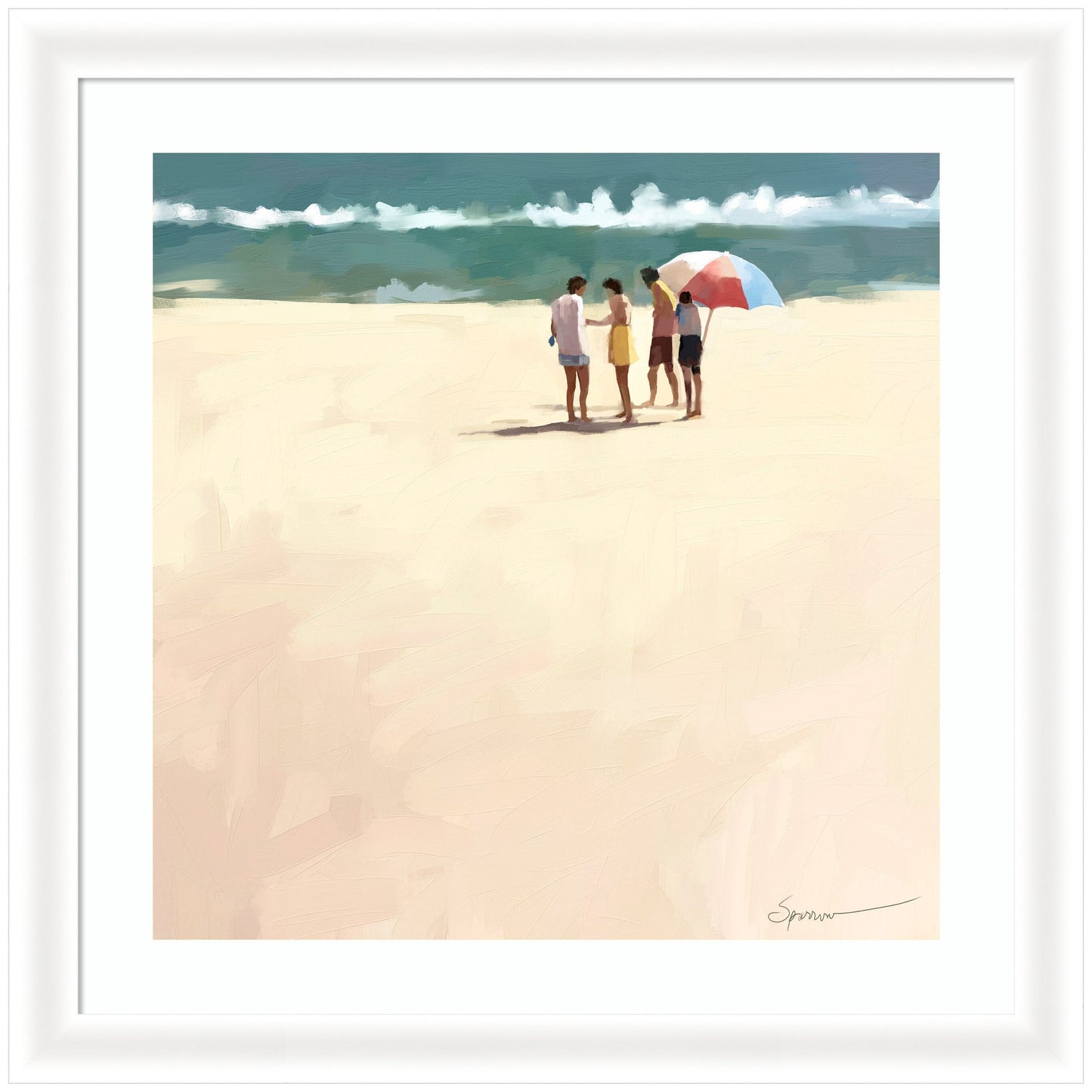Framed artwork of a beach scene with people and an umbrella
