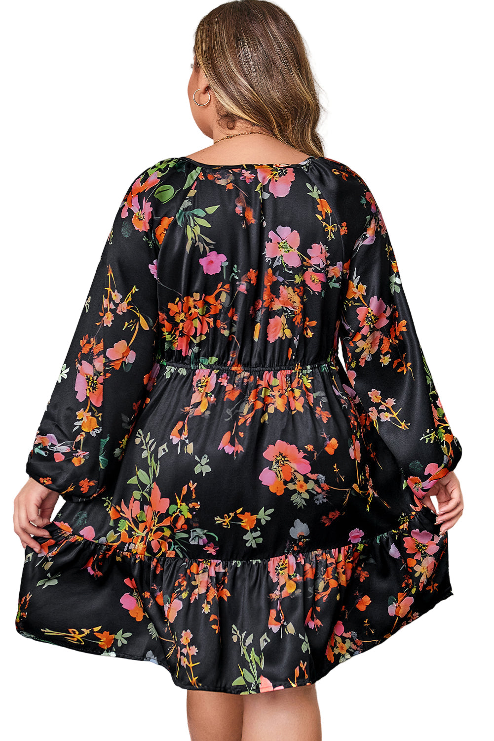 Black Plus Size Floral Print Tie Neck Cinched Waist Long Sleeve Mini Dress
