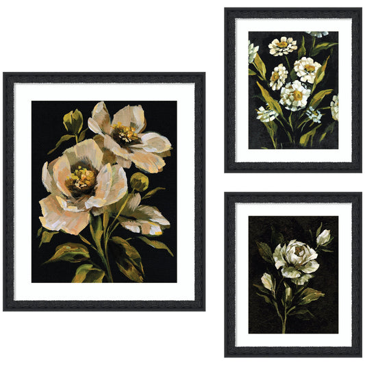 Set of three floral artworks in black frames on a white background