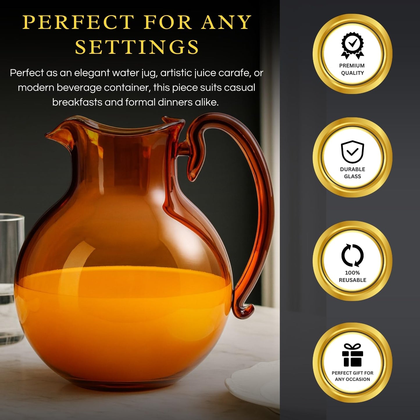 talian Design Amber Glass Jug Mouth-Blown Venetian Pitcher 750ml Handmade Murano