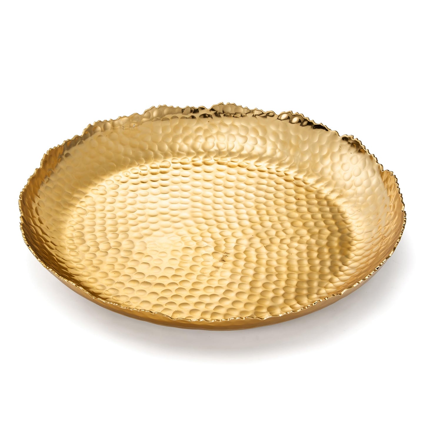 Gold decorative plate with textured surface on a white background