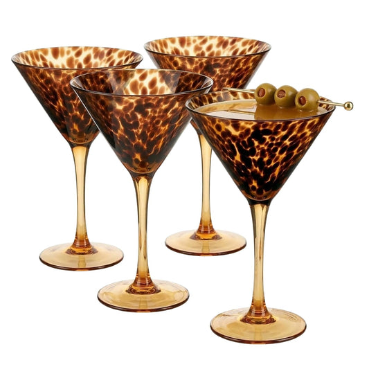 Tortoise Leopard Print Martini 9oz - Set of 4, 7.1" Spotted Borosilicate Cocktail Stem