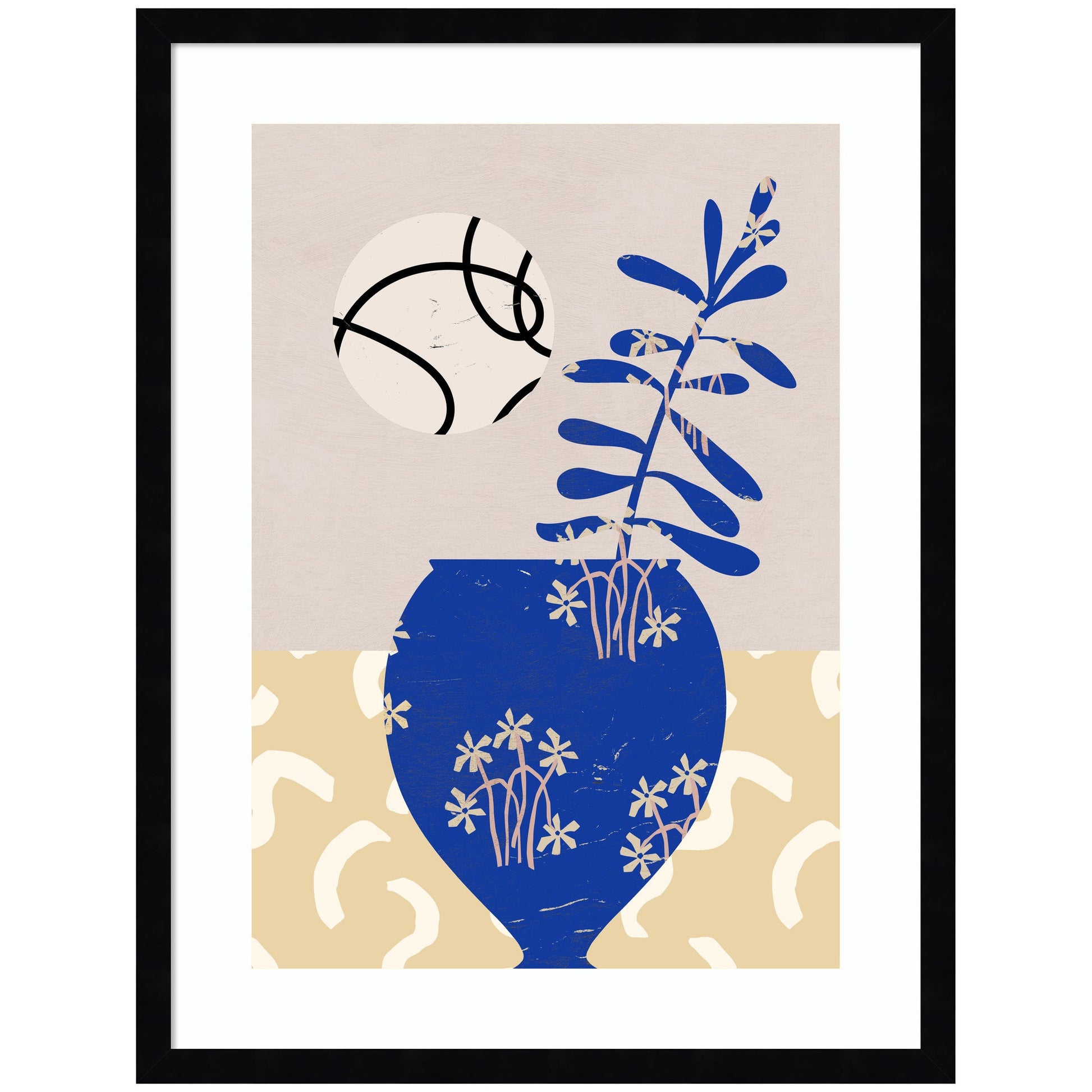 Framed artwork with a blue vase and abstract elements on a beige background