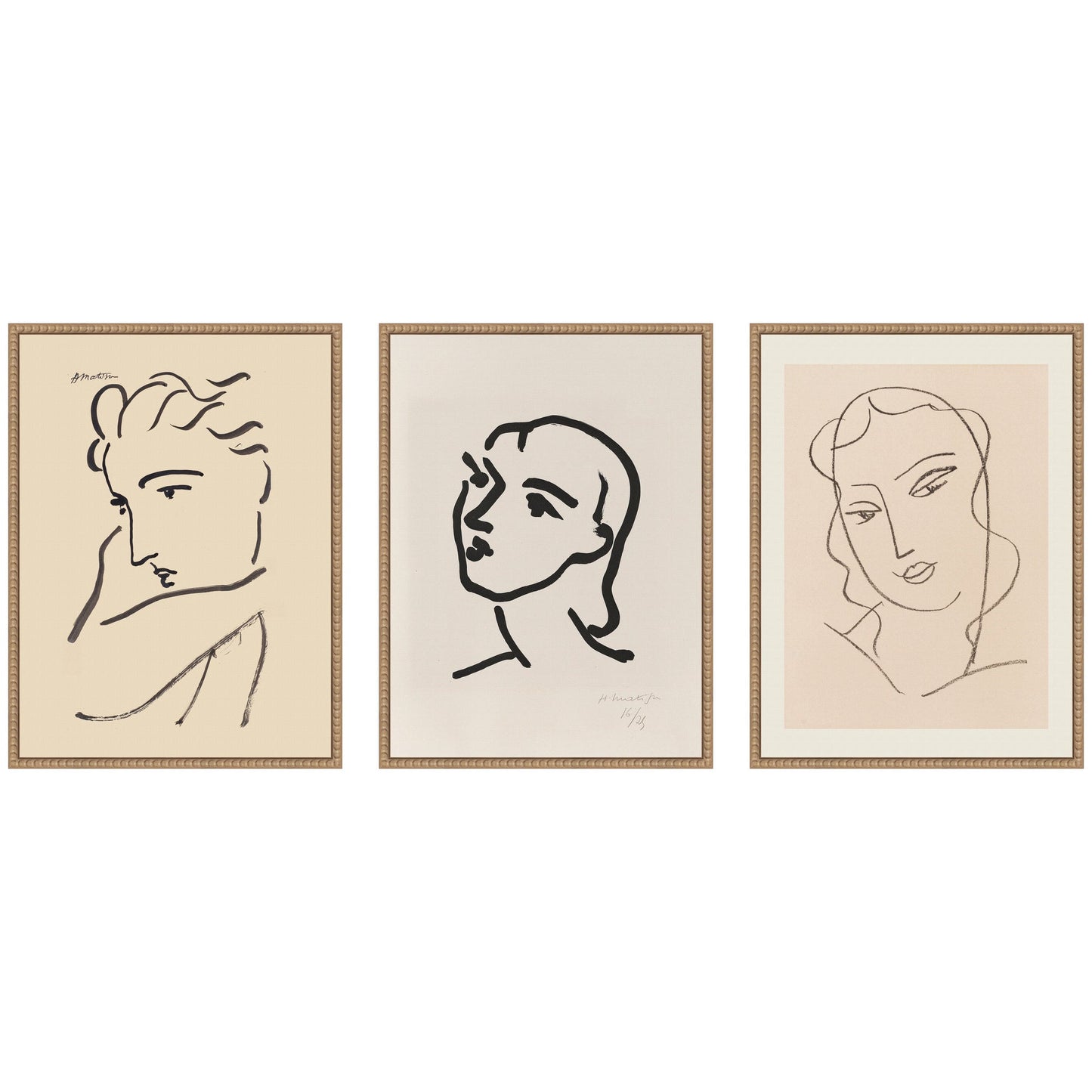 Three framed line drawings of women's faces on a beige background