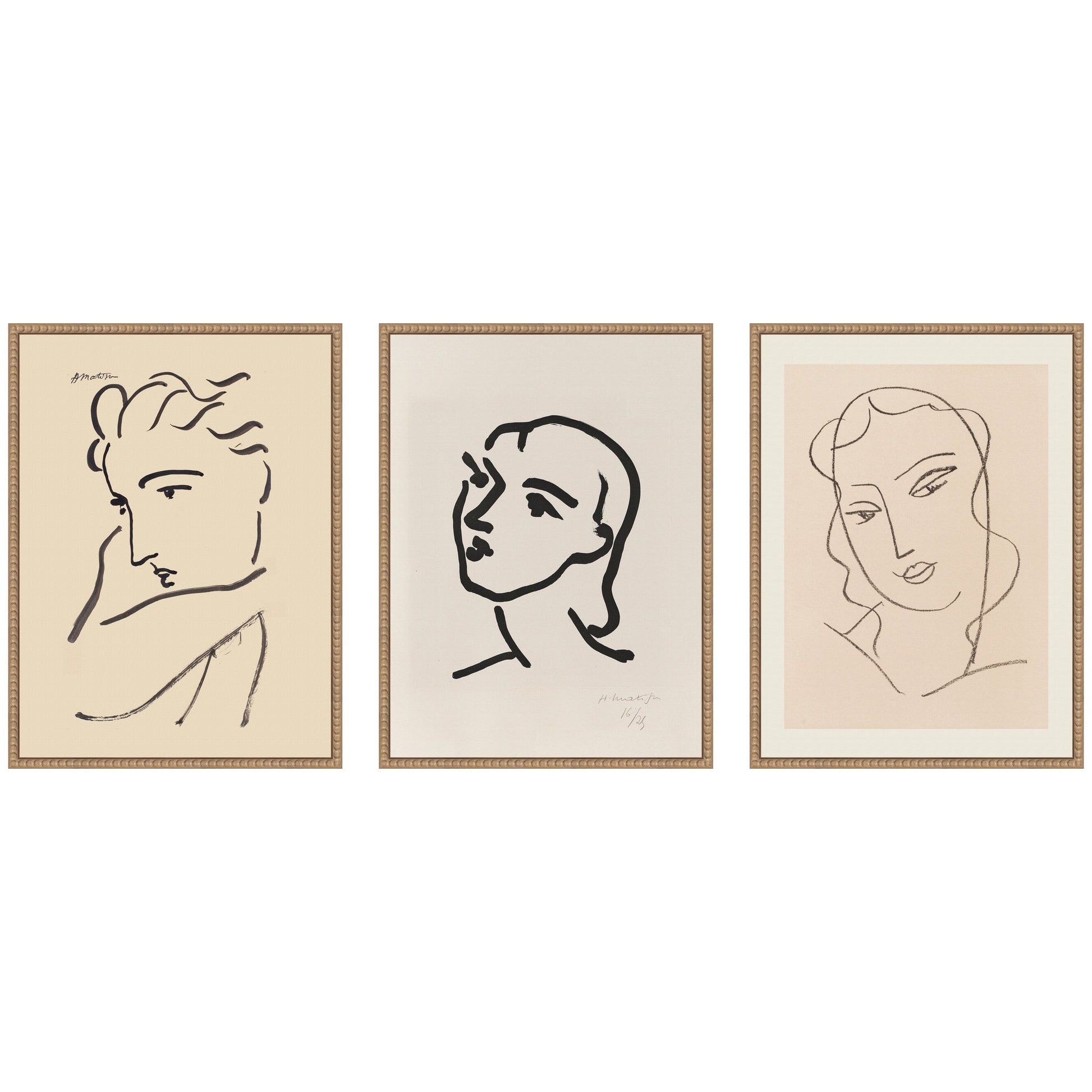 Three framed line drawings of women's faces on a beige background