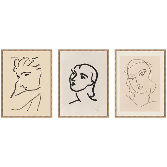Three framed line drawings of women's faces on a beige background