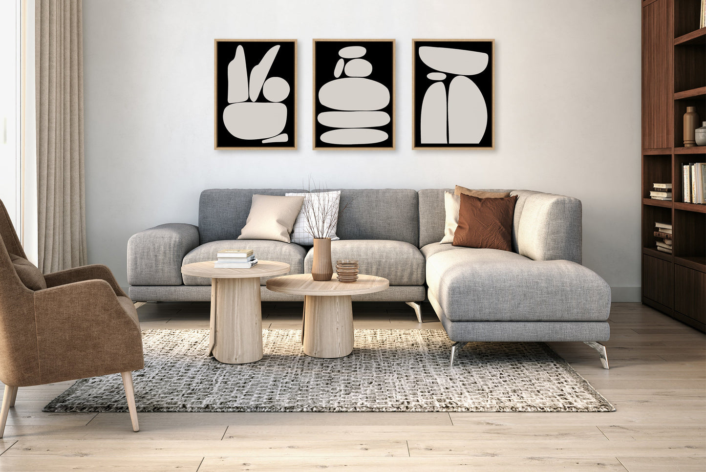 Zen Rock Garden Black and Tan Framed Canvas Set by The Creative Bunch Studio