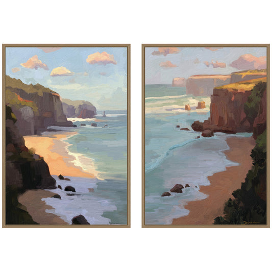 Two framed paintings of a coastal scene with cliffs and ocean.