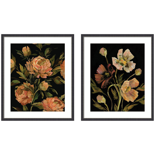 Moody Floral 3 and 5 Dark Charcoal White Botanical Fine Art 2-Piece Framed Print Set