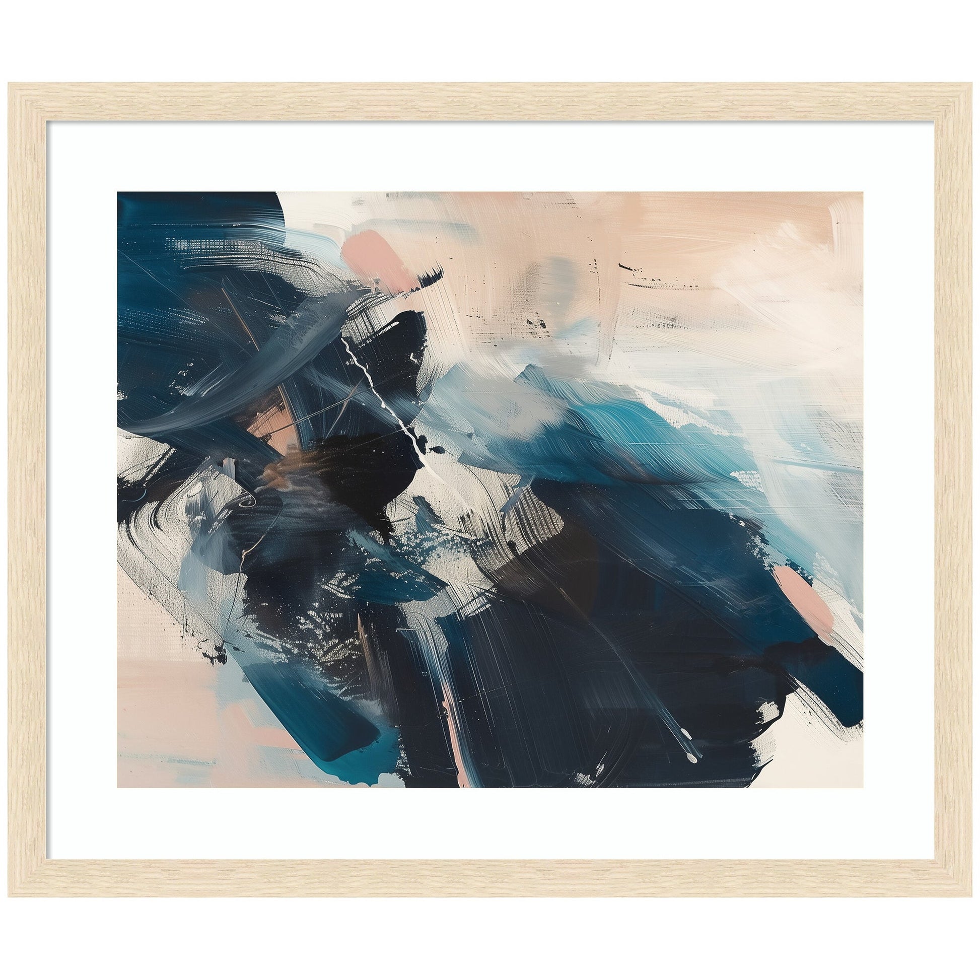 Abstract art painting with a wooden frame on a white background