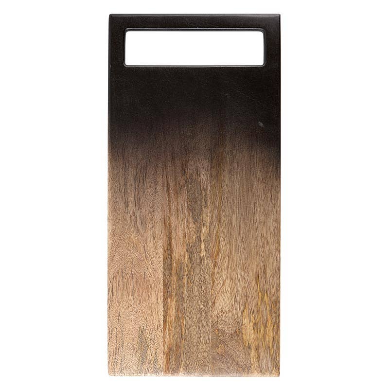 Wooden cutting board with a black handle on a white background